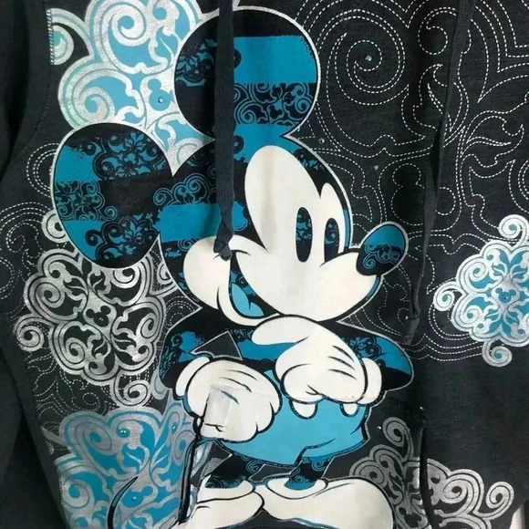 Disney Parks y2k Mickey Mouse Grey Rhinestone Hoodie Sweatshirt Women's Size L - Picture 3 of 10